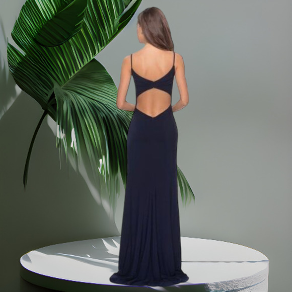 NWT La Femme Navy Gown High Slit Jersey Ruched Dress 6 MSRP $349 - Picture 2 of 10